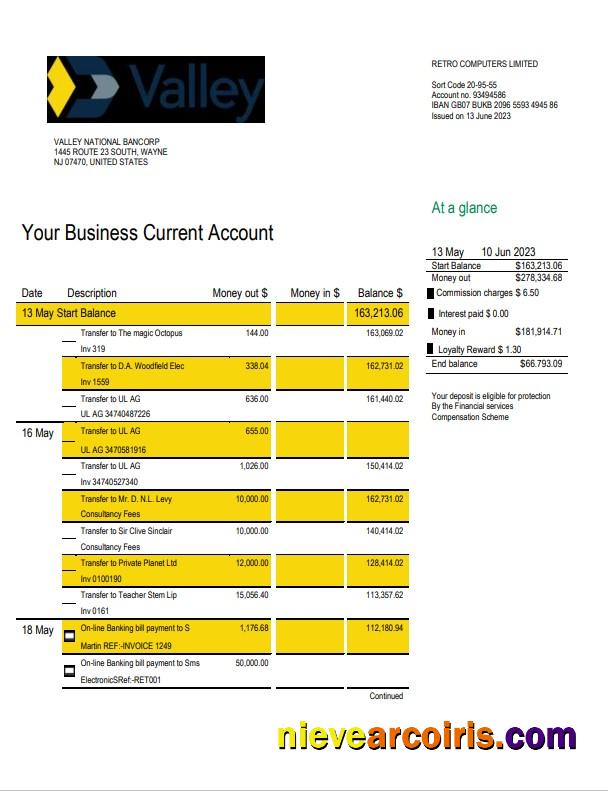 Valley National Bank business statement